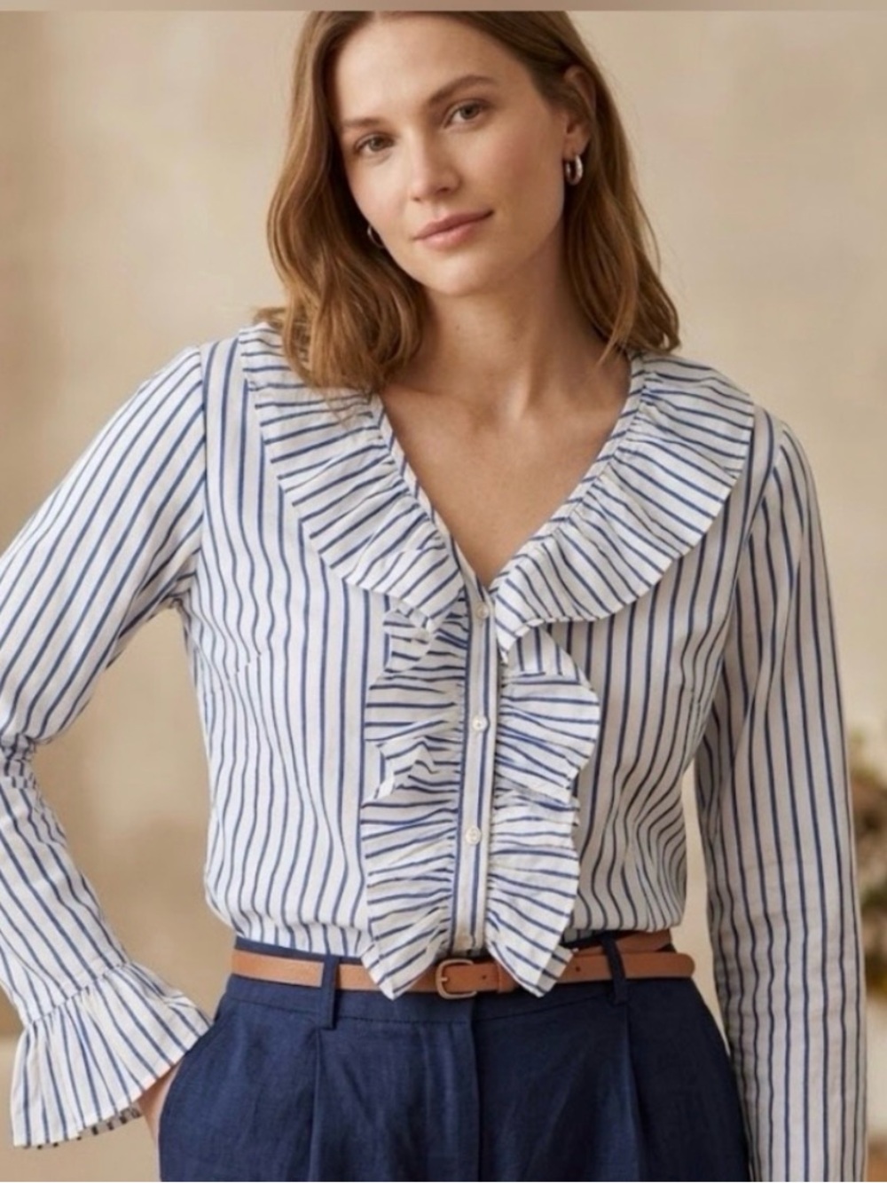 Ralph Lauren Blue and White Striped Ruffle Button-Down Top